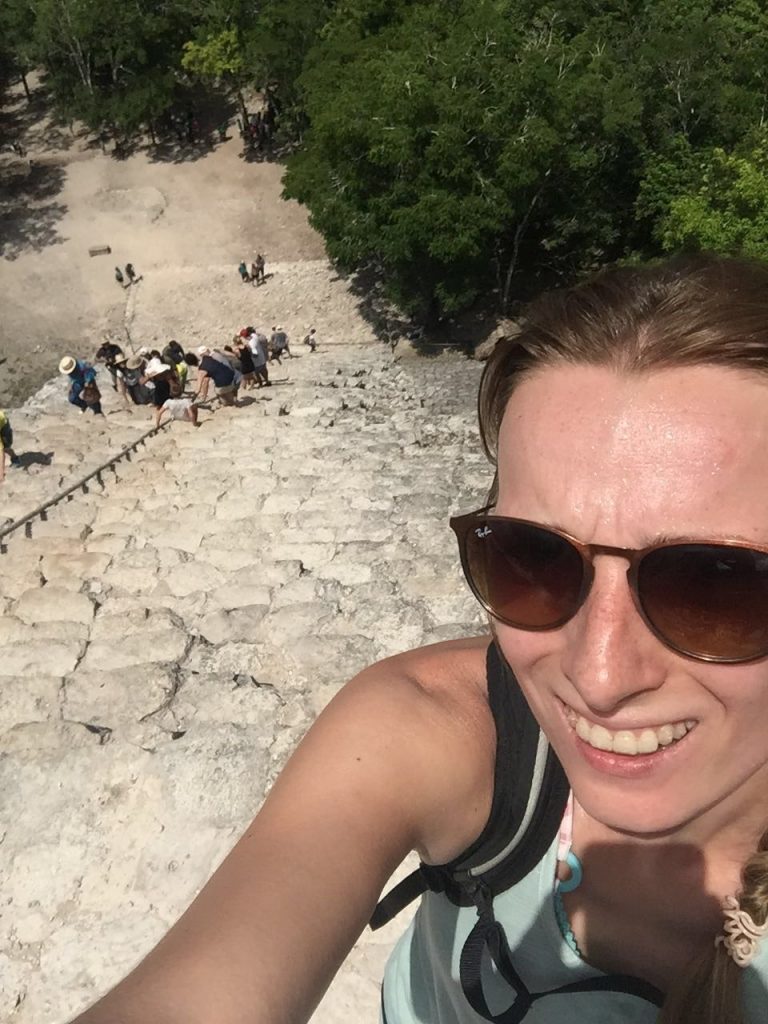 Going down Nohoch Mul Pyramid